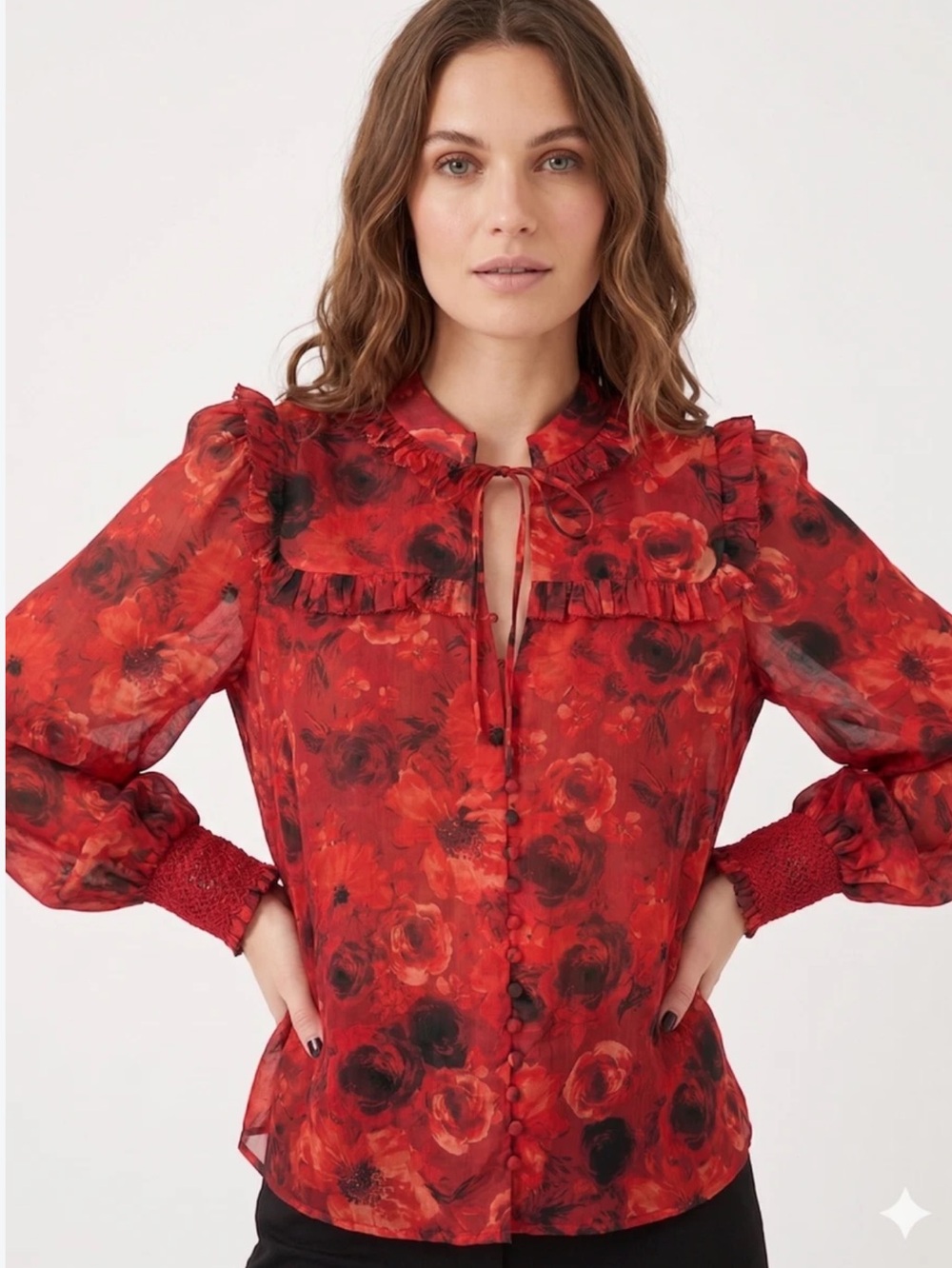 Alice + Olivia Red Floral Tie-Neck Ruffle Blouse